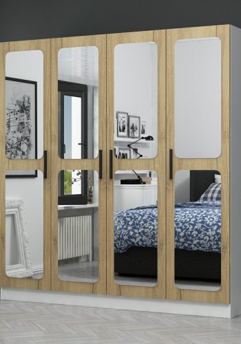 FUNZI LIVING 2712 garderobeskab, spejl, 4 lger, 1 bjlestang, 2 skuffer - hvid/natur melamin