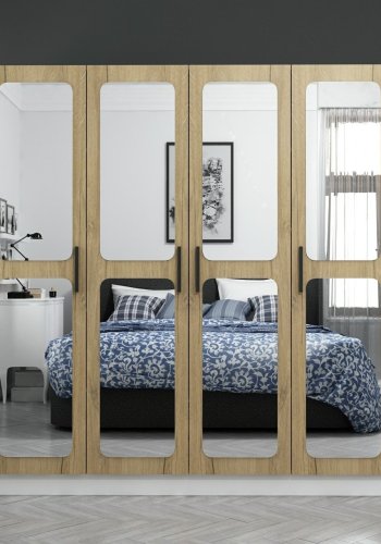 FUNZI LIVING 2712 garderobeskab, spejl, 4 lger, 1 bjlestang, 2 skuffer - hvid/natur melamin