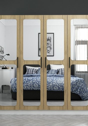 FUNZI LIVING 3869 garderobeskab, spejl, 4 lger, 1 bjlestang, 2 skuffer - hvid/natur melamin