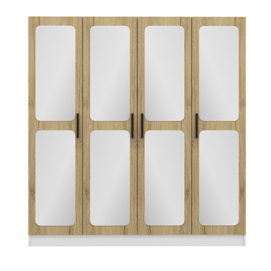 FUNZI LIVING 3869 garderobeskab, spejl, 4 lger, 1 bjlestang, 2 skuffer - hvid/natur melamin