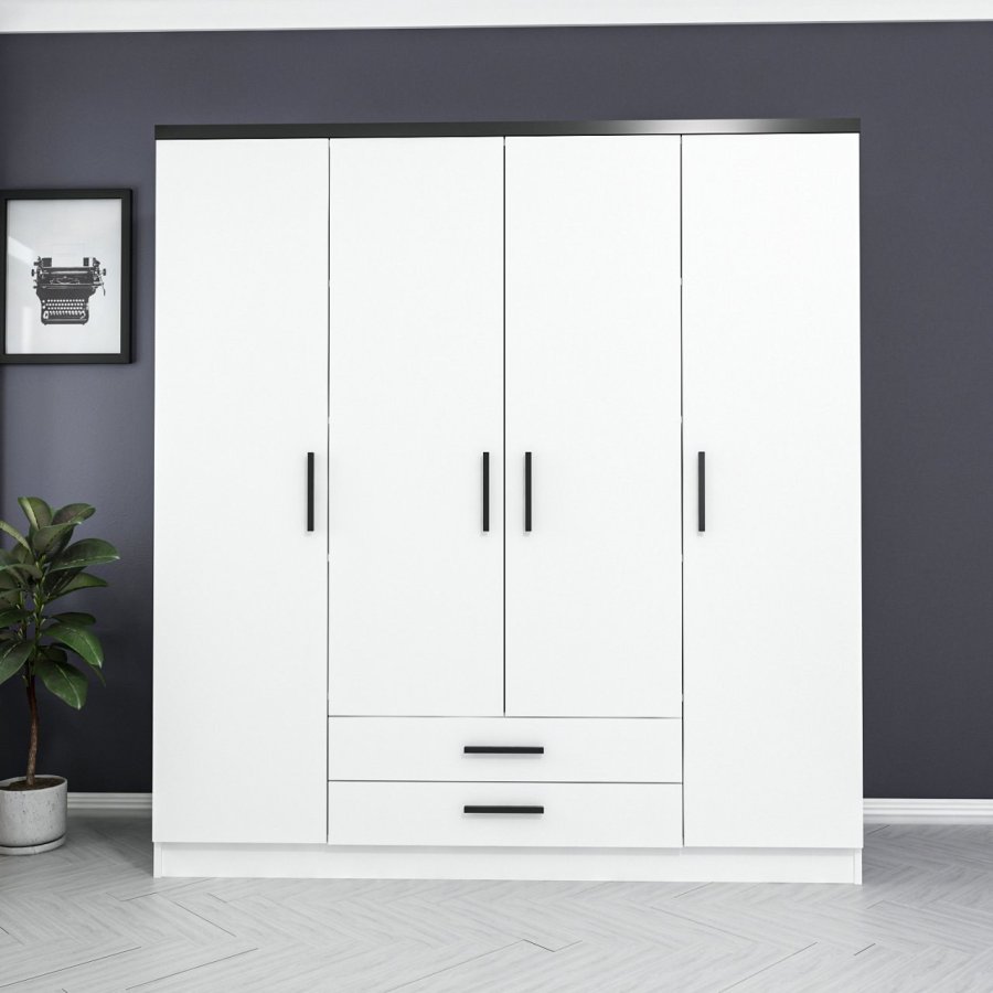 FUNZI LIVING Plus 3045 garderobeskab, 4 lger, 1 bjlestang, 2 skuffer - hvid melamin