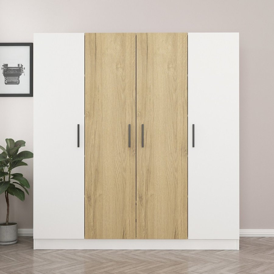 FUNZI LIVING 3109 garderobeskab, 4 lger, 1 bjlestang, 2 skuffer - hvid/natur melamin