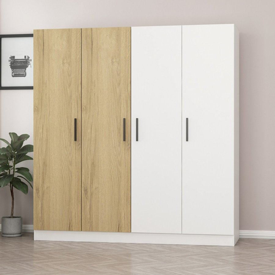 FUNZI LIVING 3109 garderobeskab, 4 lger, 1 bjlestang, 2 skuffer - hvid/natur melamin