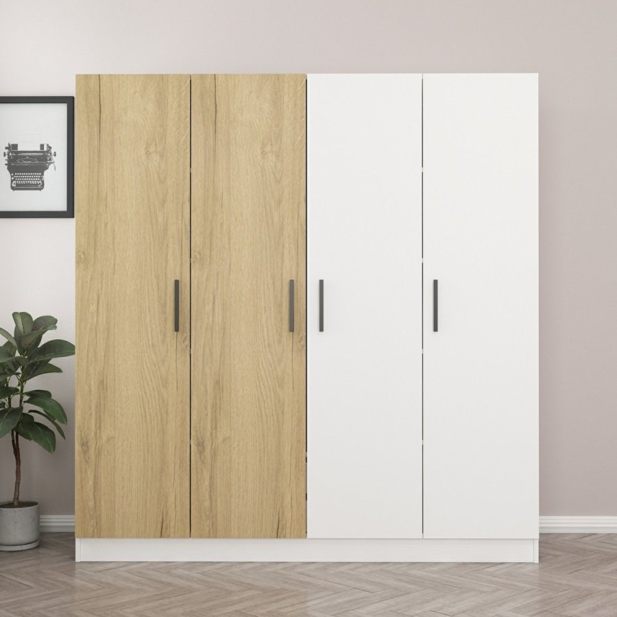 FUNZI LIVING 3954 garderobeskab, 4 lger, 1 bjlestang, 2 skuffer - hvid/natur melamin