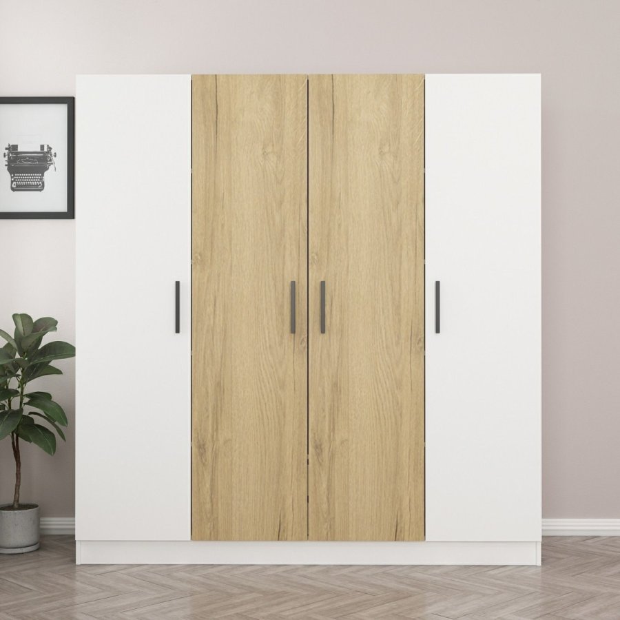 FUNZI LIVING 3954 garderobeskab, 4 lger, 1 bjlestang, 2 skuffer - hvid/natur melamin