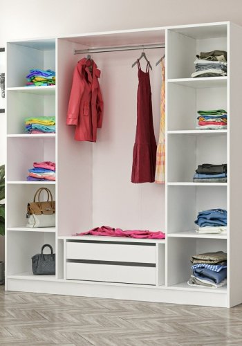 FUNZI LIVING 3954 garderobeskab, 4 lger, 1 bjlestang, 2 skuffer - hvid/natur melamin