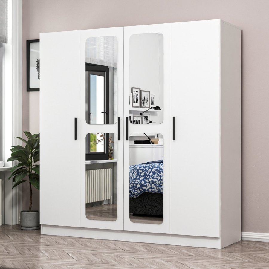 FUNZI LIVING 2436 garderobeskab, spejl, 4 lger, 1 bjlestang, 2 skuffer - hvid melamin