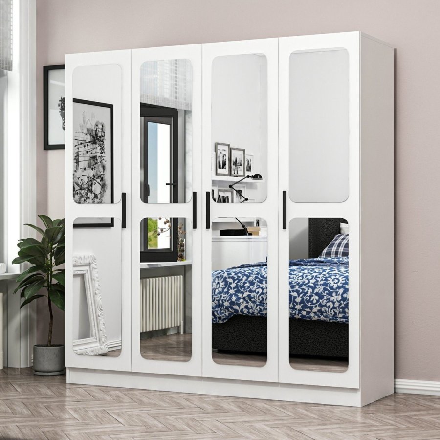 FUNZI LIVING 2437 garderobeskab, spejl, 4 lger, 1 bjlestang, 2 skuffer - hvid melamin