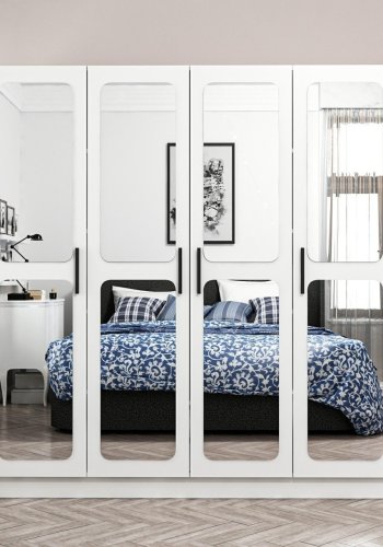 FUNZI LIVING 3815 garderobeskab, spejl, 4 lger, 1 bjlestang, 2 skuffer - hvid melamin