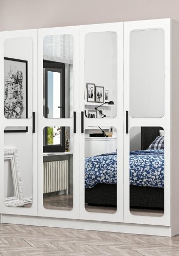 FUNZI LIVING 3815 garderobeskab, spejl, 4 lger, 1 bjlestang, 2 skuffer - hvid melamin