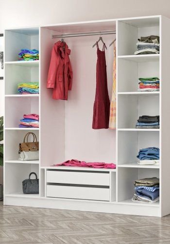 FUNZI LIVING Kalesland 3831 garderobeskab, 4 lger, 1 bjlestang, 2 skuffer - hvid melamin