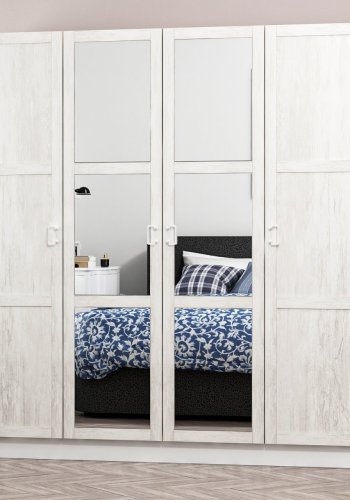 FUNZI LIVING Kalesland 2457 garderobeskab, spejl, 4 lger, 1 bjlestang, 2 skuffer - hvid melamin