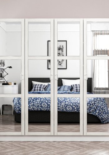 FUNZI LIVING Kalesland 2458 garderobeskab, spejl, 4 lger, 1 bjlestang, 2 skuffer - hvid melamin