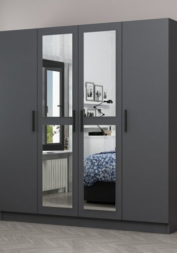 FUNZI LIVING 5088 garderobeskab, spejl, 4 lger, 1 bjlestang, 2 skuffer - antracitgr melamin