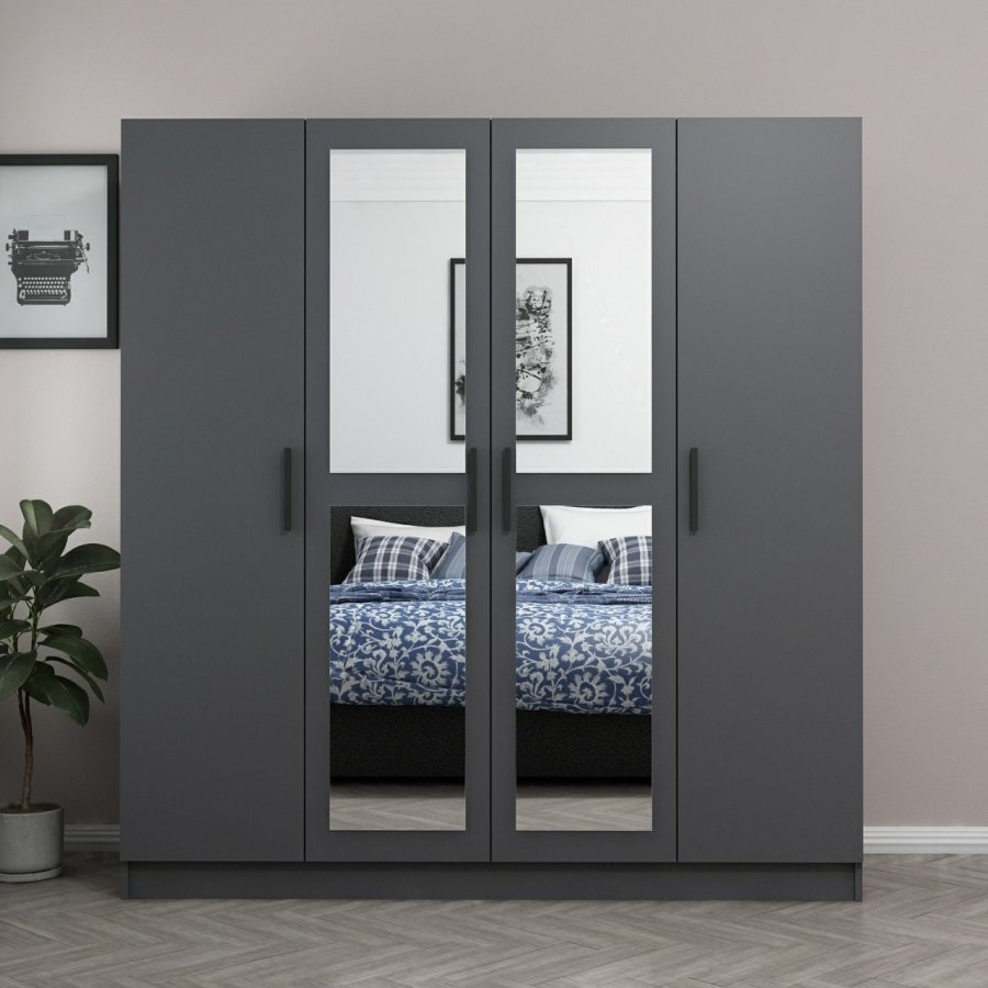 FUNZI LIVING 5088 garderobeskab, spejl, 4 lger, 1 bjlestang, 2 skuffer - antracitgr melamin