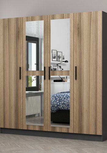 FUNZI LIVING 5011 garderobeskab, spejl, 4 lger, 1 bjlestang, 2 skuffer - natur melamin