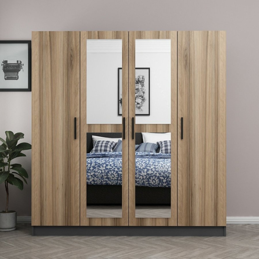 FUNZI LIVING 5011 garderobeskab, spejl, 4 lger, 1 bjlestang, 2 skuffer - natur melamin