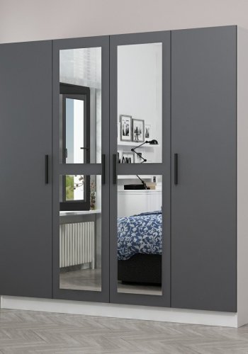 FUNZI LIVING 4957 garderobeskab, spejl, 4 lger, 1 bjlestang, 2 skuffer - antracitgr melamin