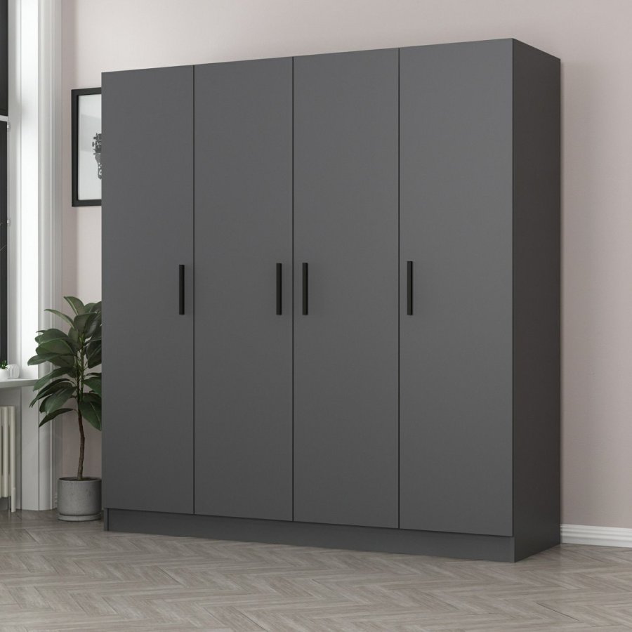 FUNZI LIVING 5078 garderobeskab, 4 lger, 1 bjlestang, 2 skuffer - antracitgr melamin