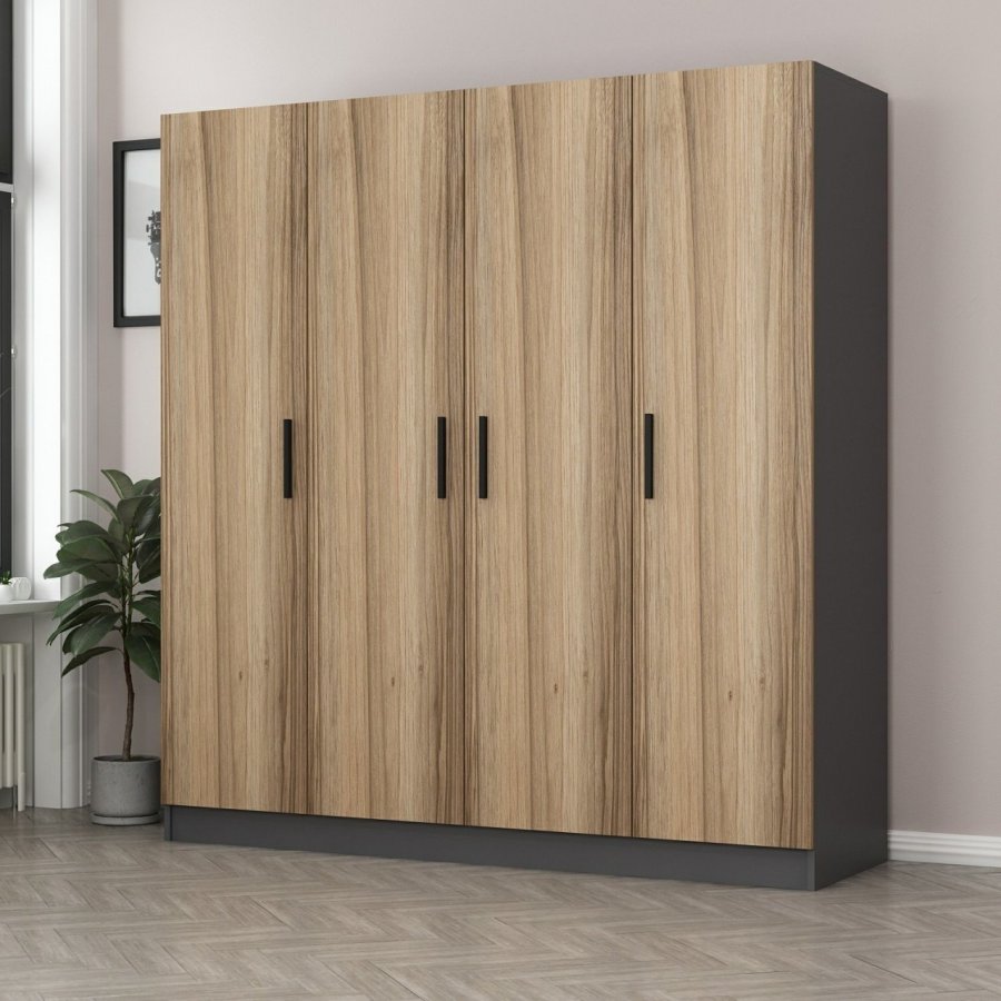 FUNZI LIVING 5105 garderobeskab, 4 lger, 1 bjlestang, 2 skuffer - natur melamin