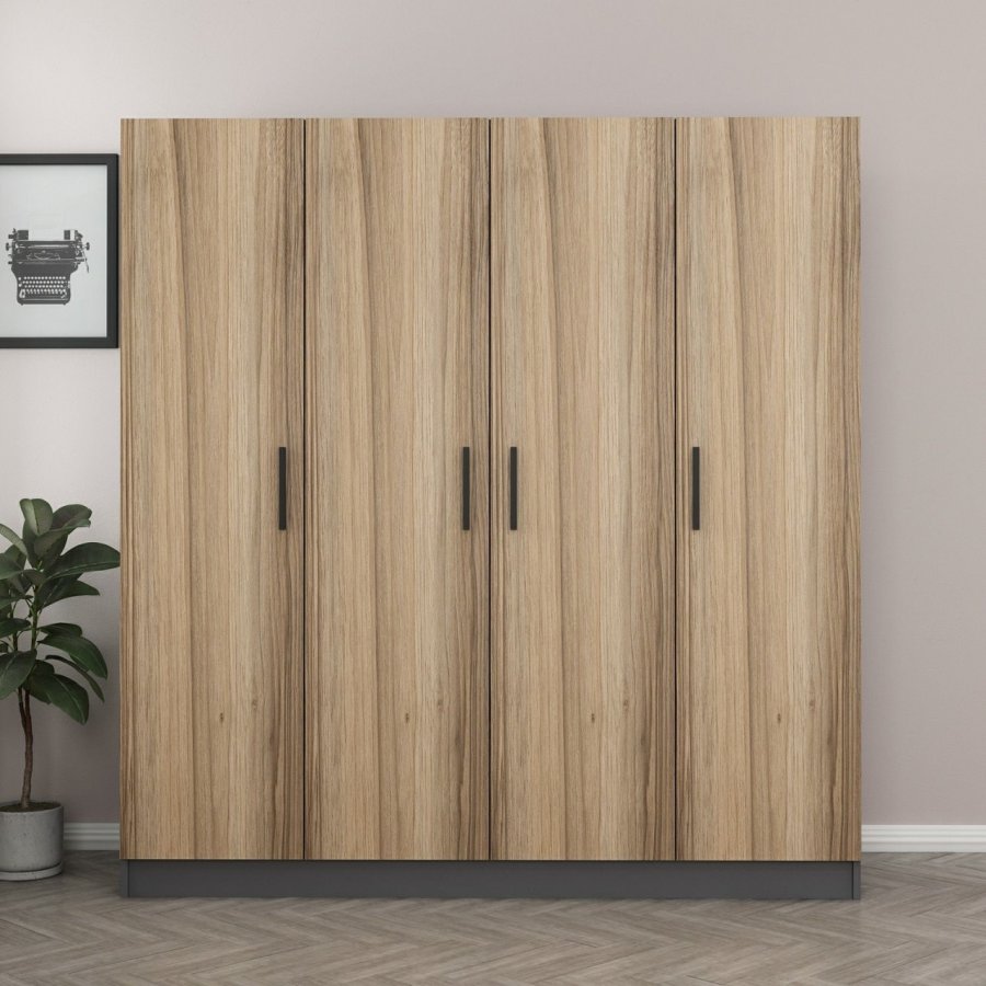 FUNZI LIVING 5105 garderobeskab, 4 lger, 1 bjlestang, 2 skuffer - natur melamin