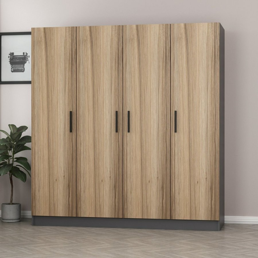 FUNZI LIVING 5105 garderobeskab, 4 lger, 1 bjlestang, 2 skuffer - natur melamin