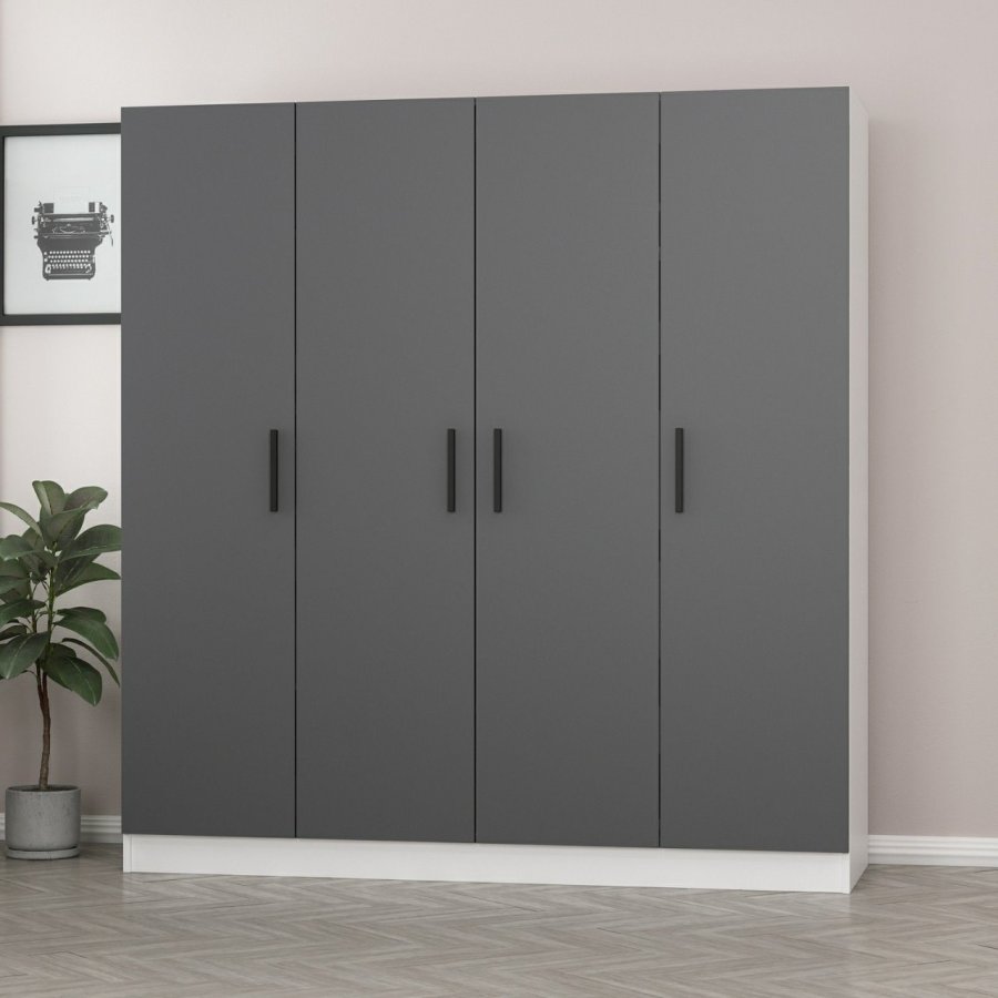 FUNZI LIVING 5051 garderobeskab, 4 lger, 1 bjlestang, 2 skuffer - antracitgr melamin