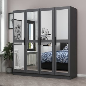 FUNZI LIVING 4985 garderobeskab, spejl, 4 lger, 1 bjlestang, 2 skuffer - antracitgr melamin