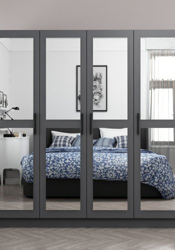 FUNZI LIVING 4985 garderobeskab, spejl, 4 lger, 1 bjlestang, 2 skuffer - antracitgr melamin