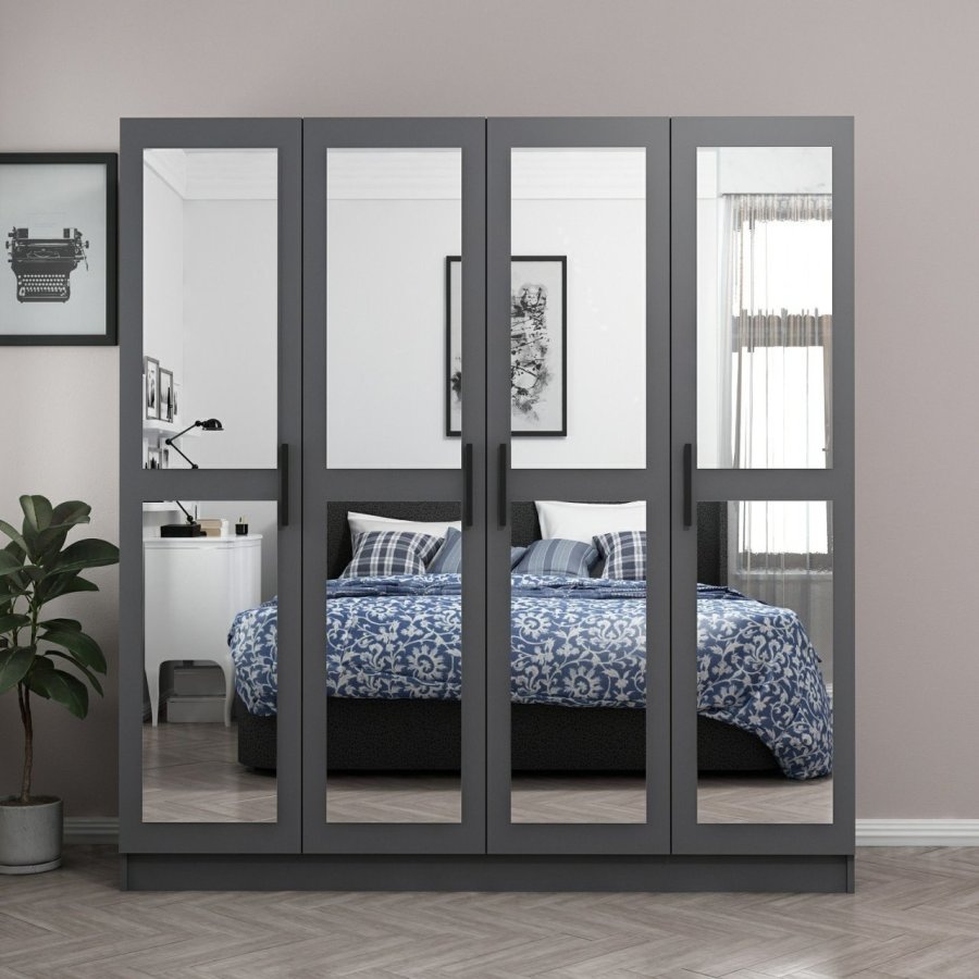 FUNZI LIVING 4985 garderobeskab, spejl, 4 lger, 1 bjlestang, 2 skuffer - antracitgr melamin