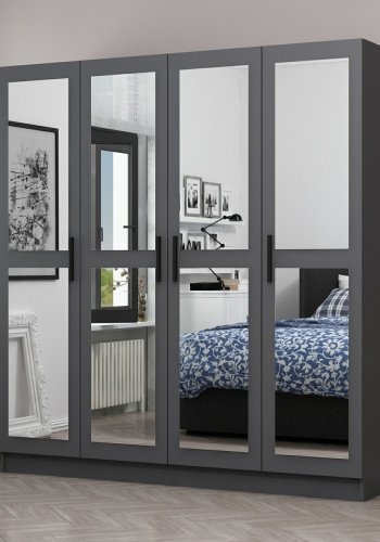 FUNZI LIVING 5089 garderobeskab, spejl, 4 lger, 1 bjlestang, 2 skuffer - antracitgr melamin