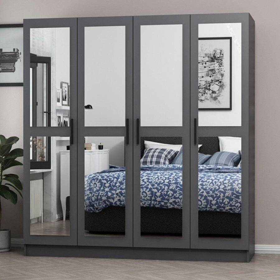 FUNZI LIVING 5089 garderobeskab, spejl, 4 lger, 1 bjlestang, 2 skuffer - antracitgr melamin