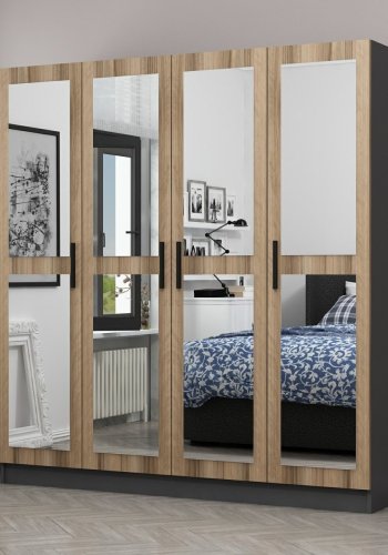 FUNZI LIVING 5012 garderobeskab, spejl, 4 lger, 1 bjlestang, 2 skuffer - natur melamin