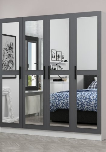 FUNZI LIVING 4958 garderobeskab, spejl, 4 lger, 1 bjlestang, 2 skuffer - antracitgr melamin