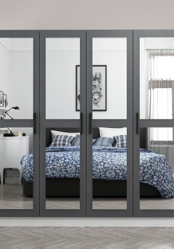 FUNZI LIVING 4958 garderobeskab, spejl, 4 lger, 1 bjlestang, 2 skuffer - antracitgr melamin