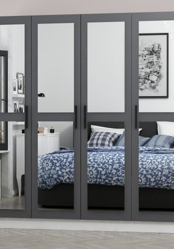 FUNZI LIVING 4958 garderobeskab, spejl, 4 lger, 1 bjlestang, 2 skuffer - antracitgr melamin