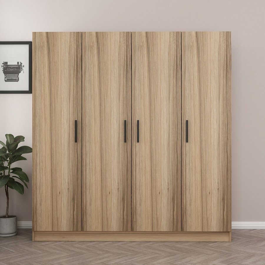 FUNZI LIVING 7628 garderobeskab, 4 lger, 1 bjlestang, 2 skuffer - natur melamin