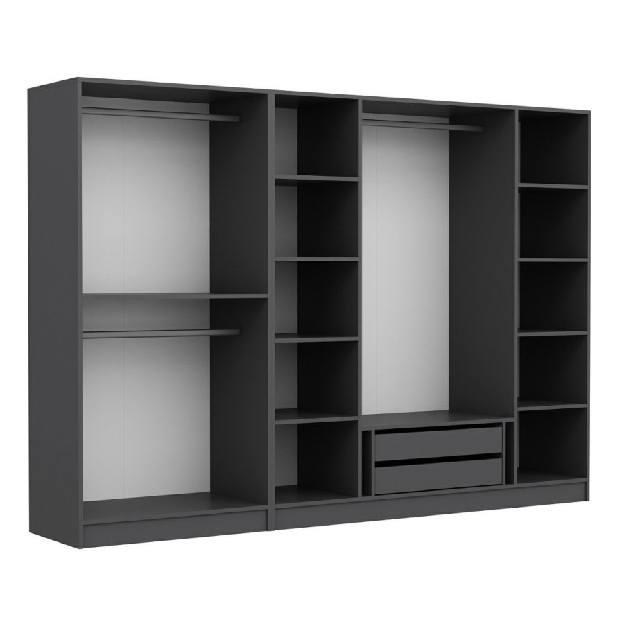 FUNZI LIVING 4939 bent garderobeskab, m. 3 bjlestnger, 2 skuffer, 9 hylder - antracitgr melamin