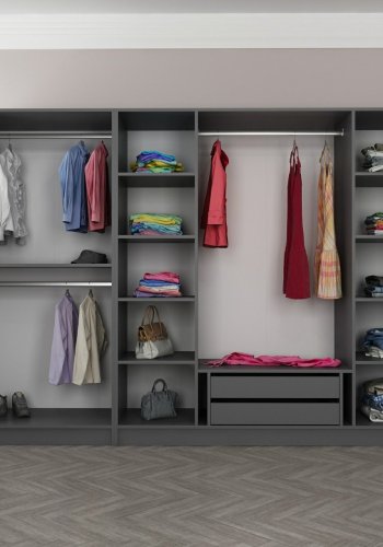 FUNZI LIVING 5043 bent garderobeskab, m. 3 bjlestnger, 2 skuffer, 9 hylder - antracitgr melamin