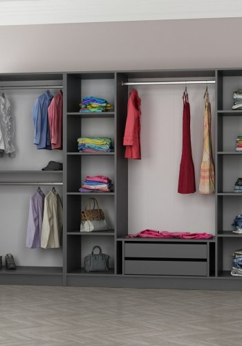 FUNZI LIVING 5043 bent garderobeskab, m. 3 bjlestnger, 2 skuffer, 9 hylder - antracitgr melamin