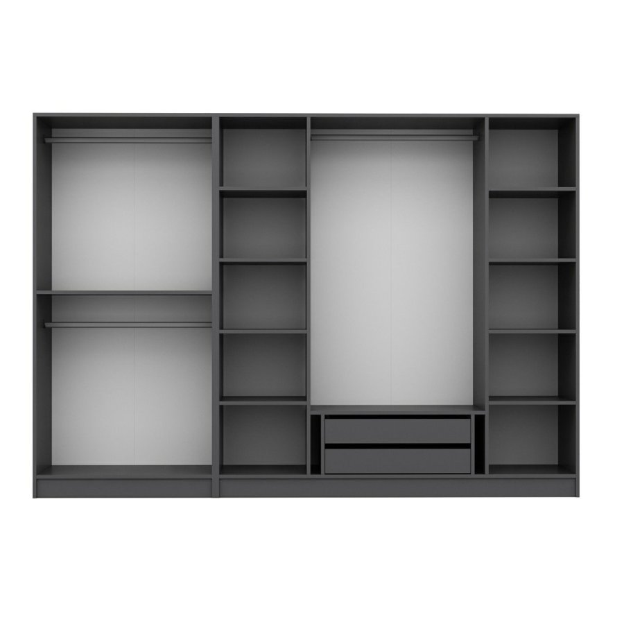 FUNZI LIVING 5043 bent garderobeskab, m. 3 bjlestnger, 2 skuffer, 9 hylder - antracitgr melamin