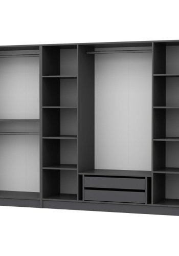 FUNZI LIVING 5043 bent garderobeskab, m. 3 bjlestnger, 2 skuffer, 9 hylder - antracitgr melamin