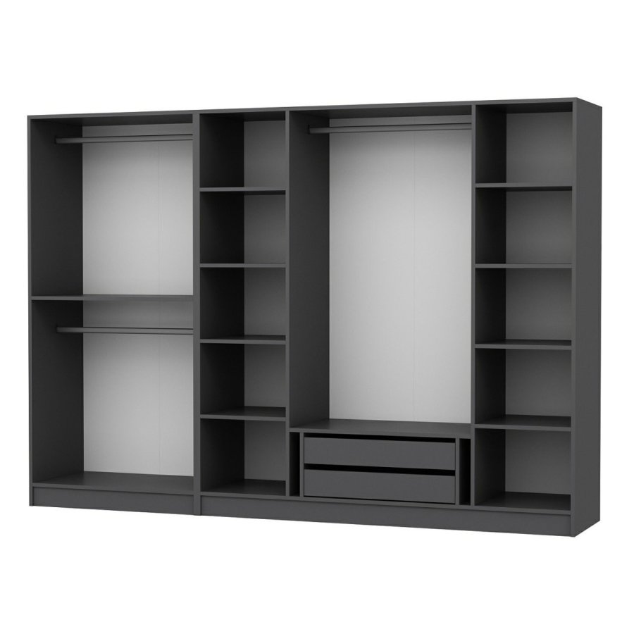 FUNZI LIVING 5043 bent garderobeskab, m. 3 bjlestnger, 2 skuffer, 9 hylder - antracitgr melamin