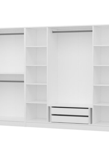 FUNZI LIVING 4929 bent garderobeskab, m. 3 bjlestnger, 2 skuffer, 9 hylder - hvid melamin