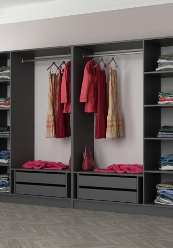 FUNZI LIVING 5044 bent garderobeskab, m. 2 bjlestnger, 4 skuffer, 8 hylder - antracitgr melamin