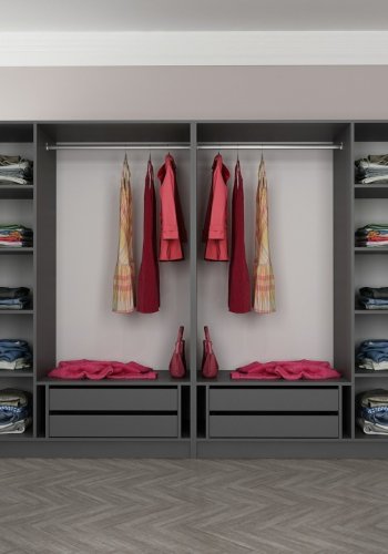 FUNZI LIVING 5044 bent garderobeskab, m. 2 bjlestnger, 4 skuffer, 8 hylder - antracitgr melamin