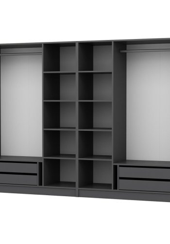 FUNZI LIVING 5044 bent garderobeskab, m. 2 bjlestnger, 4 skuffer, 8 hylder - antracitgr melamin