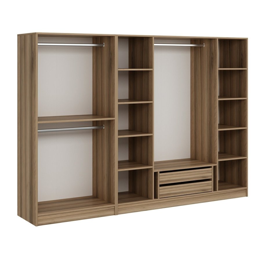 FUNZI LIVING 7540 bent garderobeskab, m. 3 bjlestnger, 2 skuffer, 9 hylder - natur melamin