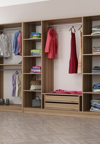 FUNZI LIVING 7670 bent garderobeskab, m. 3 bjlestnger, 2 skuffer, 9 hylder - natur melamin