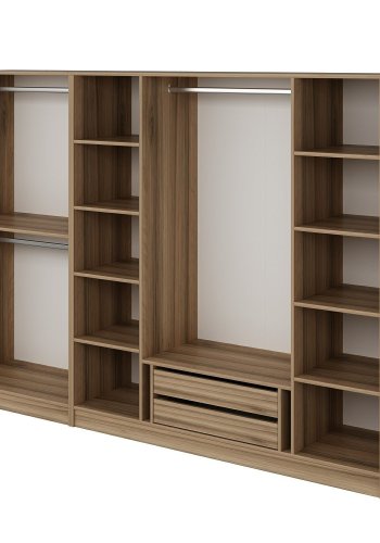 FUNZI LIVING 7670 bent garderobeskab, m. 3 bjlestnger, 2 skuffer, 9 hylder - natur melamin